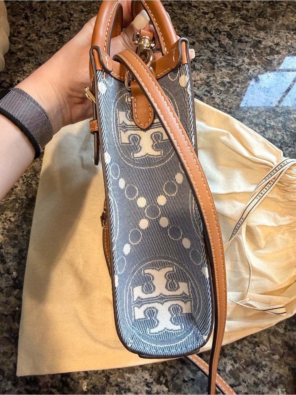 Tory Burch Mini T Monogram Denim North/South Tote Bag – Indigo/Tan - Picture 8 of 9